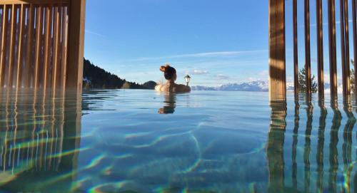 a dog sitting in the water in a swimming pool at Berghotel Jochgrimm - Your Dolomites Home in Varena