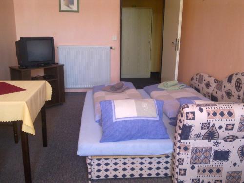 een kamer met een bank, stoelen en een tv bij Hotel Hradec in Mlázovice