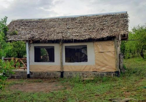 a small hut with a thatched roof and two windows at ELANGATA OLERAI LUXURY TENTED CAMP in Narok