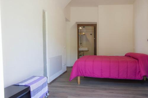 a bedroom with a bed with a pink blanket at Agripodere Il Falco in Pontremoli