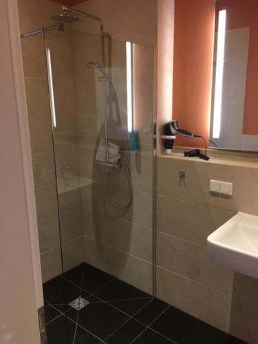 a bathroom with a shower with a glass door at 3 Apartments Am Wambolter Hof 3 in Bensheim