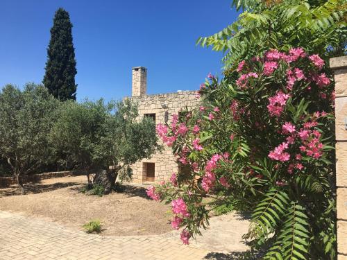 a stone house with pink flowers in front of it at PYRGOS RALLI ESTATE Guesthouse in Aegina Town
