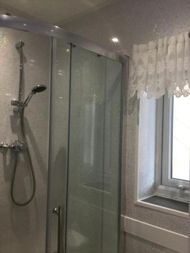 a glass shower in a bathroom with a window at THE TREVONE, Llandudno in Llandudno