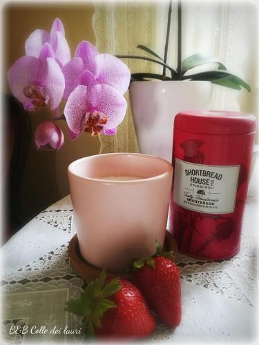 a table with a pink cup and strawberries and flowers at Colle dei lauri in Loreto