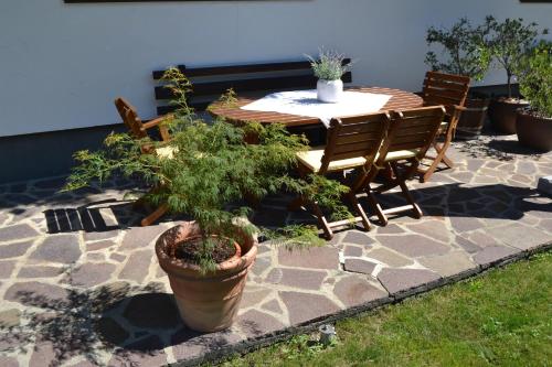 a table and chairs and a potted tree on a patio at Appartements Falkner Dorli in Oetz