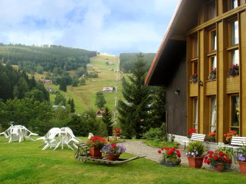 a view of a building with flowers in a yard at Penzion u Veselých in Pec pod Sněžkou