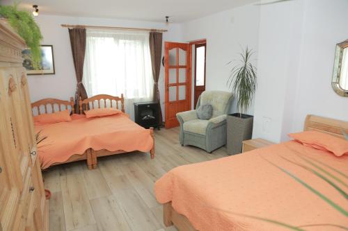 a bedroom with two beds and a chair at Raza Soarelui in Sovata