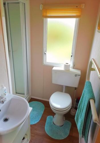 a bathroom with a toilet and a sink and a window at Swanage Bay View caravan in Swanage