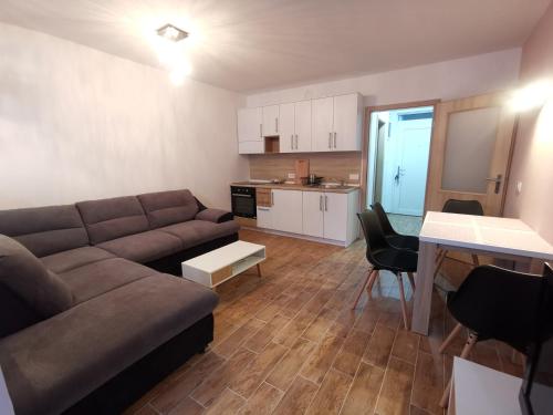 ein Wohnzimmer mit einem Sofa und einer Küche in der Unterkunft Apartma F&M in Bovec