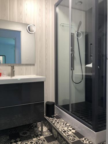 une salle de bain avec une douche en verre et un lavabo dans l'établissement Angel Services - LA MAISON DE LA PLAGE, à Sévrier