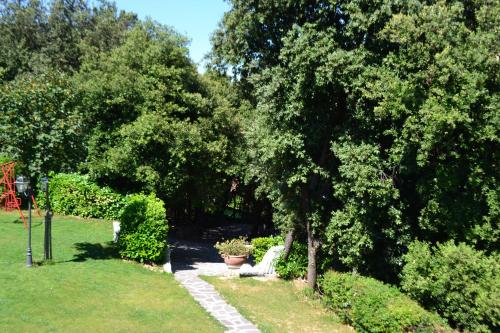 a garden with a bench and a tree and bushes at B&B Spring in Perugia