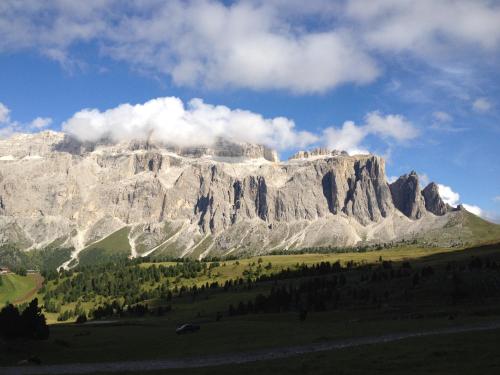 a large mountain in the middle of a field at Agriturismo Maso Larciunei in Selva di Val Gardena