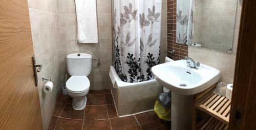 a bathroom with a toilet and a sink and a shower at Hostal El Arco in Almazán