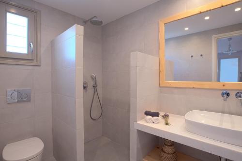 a bathroom with a shower and a toilet and a sink at Golden Sand Paros in Chrissi Akti