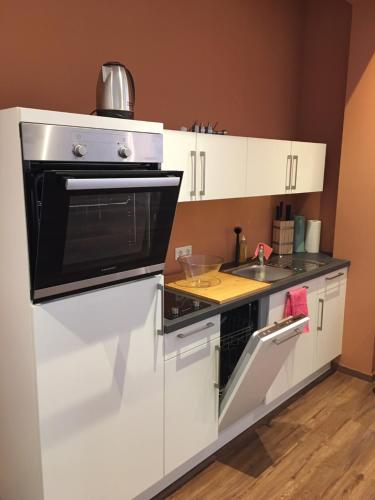 a kitchen with a stove and a sink at 3 Apartments Am Wambolter Hof 3 in Bensheim
