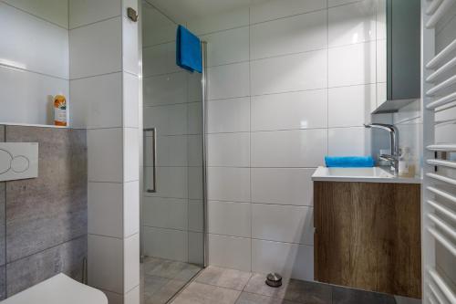 ein Bad mit einer Dusche und einem Waschbecken in der Unterkunft Velo-Droom in Otterlo