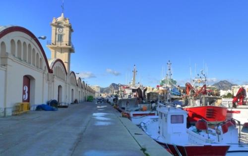a group of boats docked next to a building with a clock tower at ADOSADO DE LUJO CON PISCINA PRIVADA en ZONA MUY TRANQUILA in Gandía
