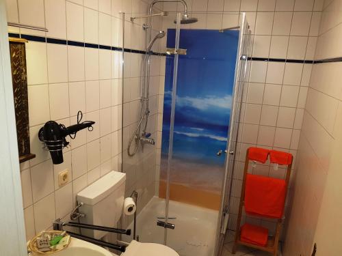 La salle de bains est pourvue d'une douche, de toilettes et d'un lavabo. dans l'établissement Zimmerappartement "Rose" - Ferienwohnungen Wagner & Gaul, à Falkenauel
