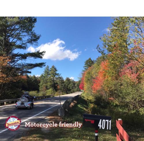a car driving down a road with trees at Snowdon Chalet Motel in Londonderry