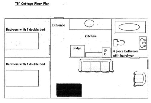 a floor plan of a bathroom with a double bed at Logging Chain Lodge Cottage Resort in Dwight