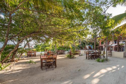 een groep tafels en stoelen onder een boom bij Bella Vista Resort Belize in San Pedro