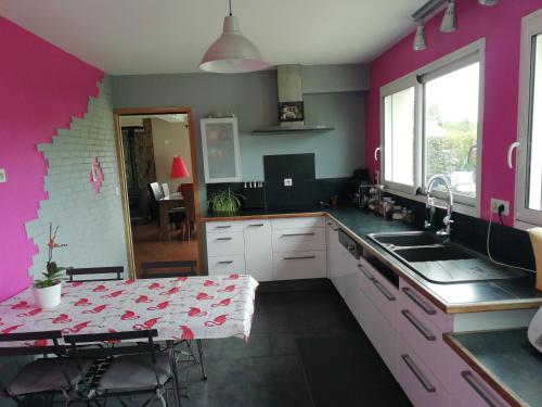 米薩訥的住宿－Hébergement au pied du Circuit des 24H Le Mans，厨房设有粉红色的墙壁、水槽和桌子