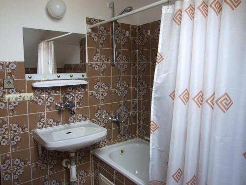a bathroom with a sink and a shower curtain at Apartmán in Dolní Bukovsko