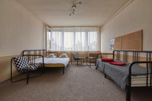 Habitación hospitalaria con 2 camas y ventana en LEM Suburban Apartment en Budapest