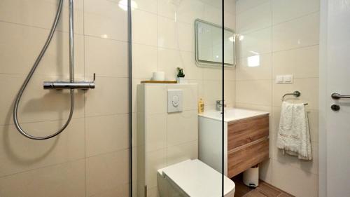 a bathroom with a shower and a toilet and a sink at Casa Valla by Rent Istria in Buzet
