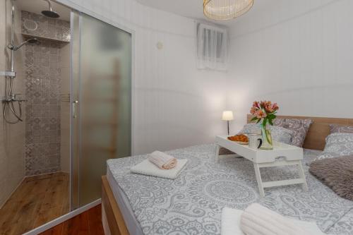 a bedroom with a shower and a bed with a table at Apartment Henna Pula in Pula