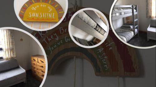 a collage of photos of a bedroom with a mural of a bridge at Hebridean Holiday House in Stornoway