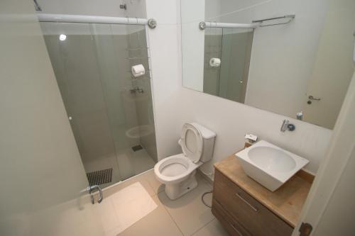 a bathroom with a toilet and a sink and a shower at Hotel da Praça in Bonito