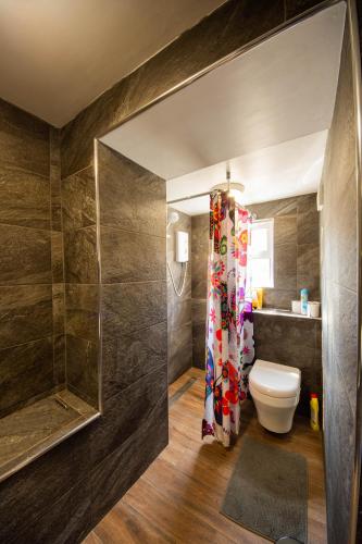 a bathroom with a toilet and a shower at Funky Home by the Pier, 3 Bedrooms, Sleeps 10 in Brighton & Hove