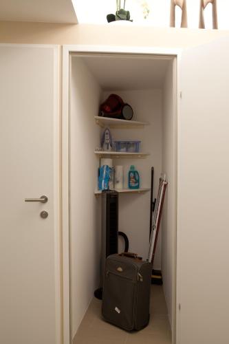 a room with a closet with a suitcase and shelves at Sofie Apartments in Vienna