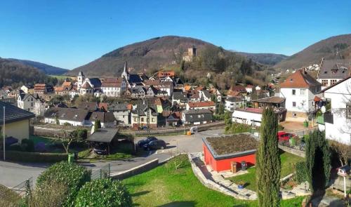 een klein stadje met een berg op de achtergrond bij Ferienwohnung Casa Rossa in Neckarsteinach