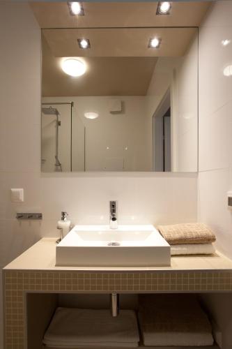 a bathroom with a sink and a large mirror at Sofie Apartments in Vienna