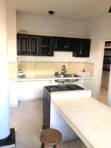a kitchen with black cabinets and a stove top oven at Casa y Villa Diamante, Manzanillo in Manzanillo