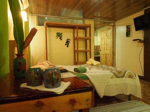 a bedroom with a bed and a table with a mirror at Casa el Tortugo in Drake