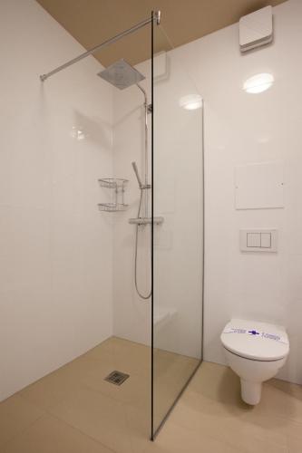 a bathroom with a shower and a toilet at Sofie Apartments in Vienna