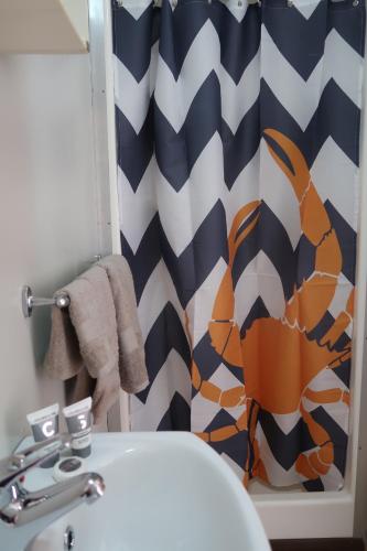 a bathroom with a sink and a shower curtain at Mud Crab Motel in Derby