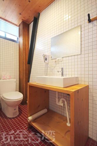 a bathroom with a sink and a toilet at Yue Lake Backpackers in Yuchi