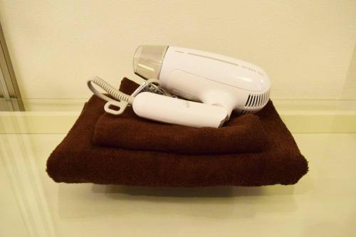 a hair dryer sitting on top of a brown towel at Three Tokyo 101 in Tokyo