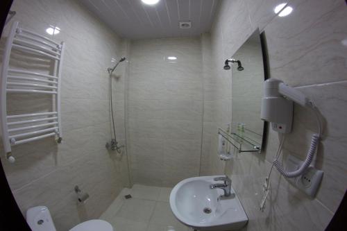 a bathroom with a shower and a sink at Hotel Beni in Akhaltsikhe