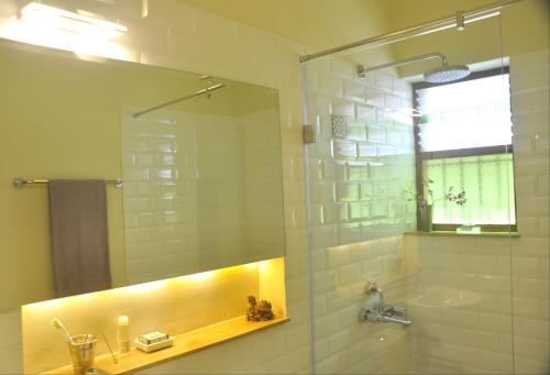 y baño con ducha, lavabo y espejo. en Bangalore Garden Flat, en Bangalore