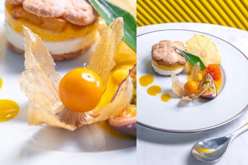 two pictures of food on a white plate at Hôtel Le Bailli De Suffren in Rayol-Canadel-sur-Mer