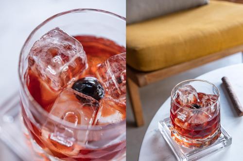 two pictures of a glass vase with a drink at Hôtel Le Bailli De Suffren in Rayol-Canadel-sur-Mer