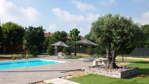 a swimming pool with a tree in a yard at Dimora La Risorgiva in Ca' di David