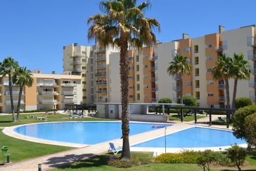 a swimming pool with a palm tree and buildings at MouraPraia By Garvetur in Vilamoura