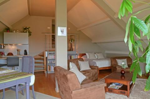 a living room with a couch and a table at Un brin de Paradis "appartement de 100 m²" in Harzé