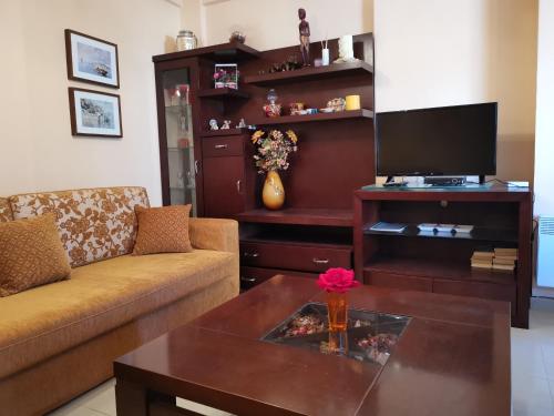 ein Wohnzimmer mit einer Couch und einem Couchtisch in der Unterkunft Purple_Rose_Apartment in Chaniotis